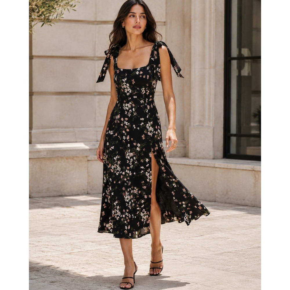 Reformation Twilight Dress Sagittarius Floral Tie Strap Midi Black 12